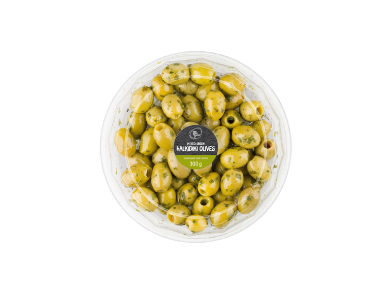 Pitted green Halkidiki olives marinated with herbs in a 300g container.