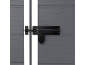 Black bolt lock on a grey door with wood texture.