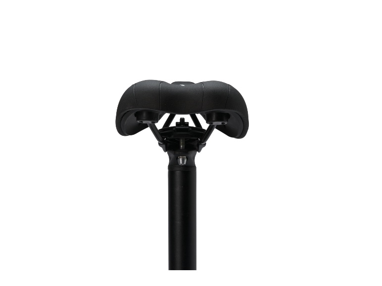 Black bicycle saddle with a seat post on a black background.
