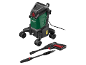 Green and black pressure washer with a spray gun and two nozzles.