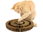 Ginger cat playing with a circular cardboard scratcher and a ball.