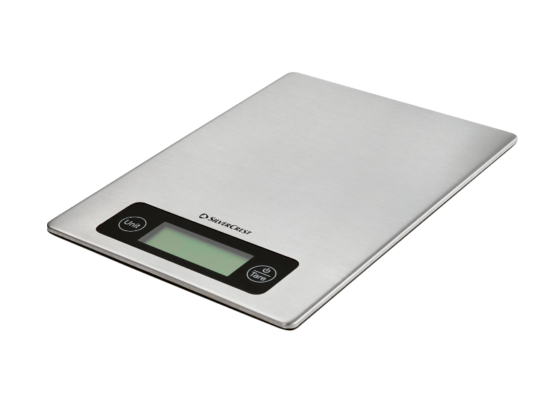 Silver digital kitchen scale with a display and control buttons.