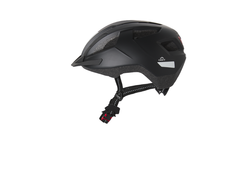 Black bicycle helmet with a visor and reflective elements.
