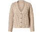 Beige knitted cardigan with buttons, V-neck, and long sleeves.