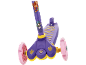 Purple three-wheel scooter with pink wheels and dinosaur drawings.