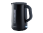 Black electric kettle with a water level indicator and an illuminated switch.