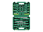 A green screwdriver set with various sizes and types of screwdrivers and bits.