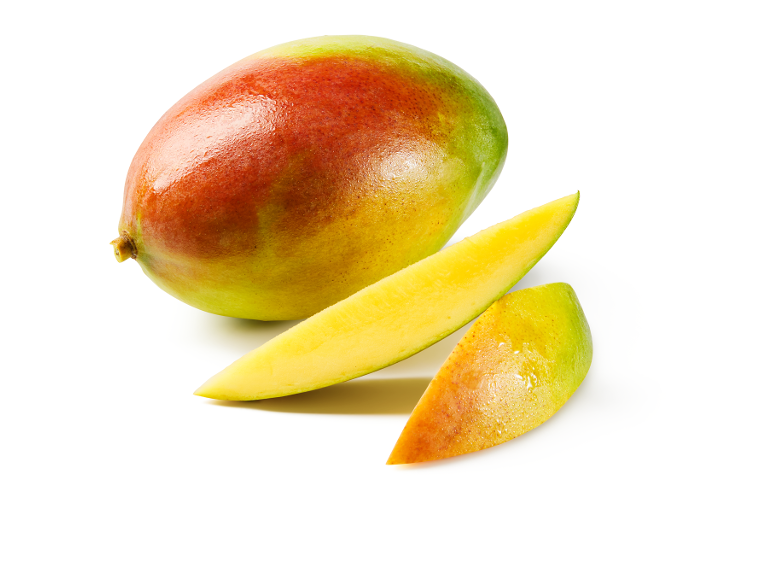 Whole mango and two slices of fresh mango on a white background.
