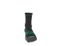 Grey sports sock with green details and text on the sole.