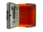 Open portable cooler with a grey lid and orange interior.