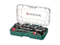 Screwdriver set with bits in a green case with a transparent lid.