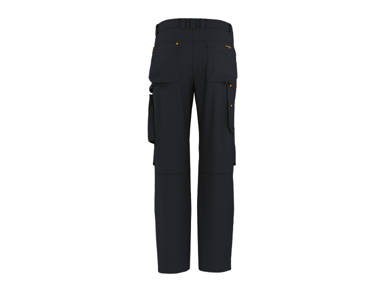 Dark blue work trousers with orange details and multiple pockets, back view.