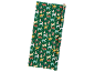 Green wrapping paper with Christmas dogs and festive motifs.