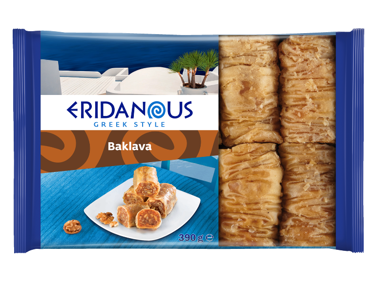 Packaging of Greek-style baklava with a seascape background.