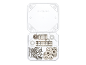 Open clear plastic box with screws, washers, and bearings, with a mirrored logo on the lid.