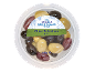 Greek olive selection, pitted, in a transparent container.