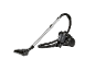 Black bagless cylinder vacuum cleaner with a silver telescopic tube and hose