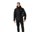Man in black hooded jacket and trousers, holding a bicycle helmet.