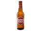 Lager beer bottle with a red and gold label, featuring the text 'Sabor Autêntico'.