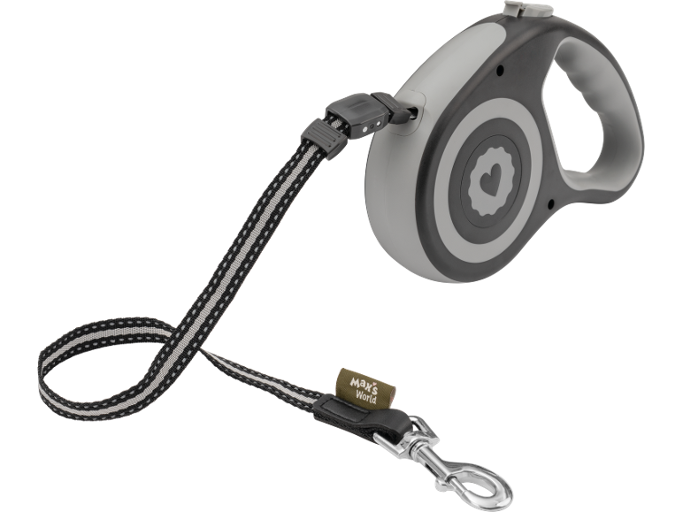 Grey and black retractable dog leash with a heart on the side and a 'Max's World' tag.