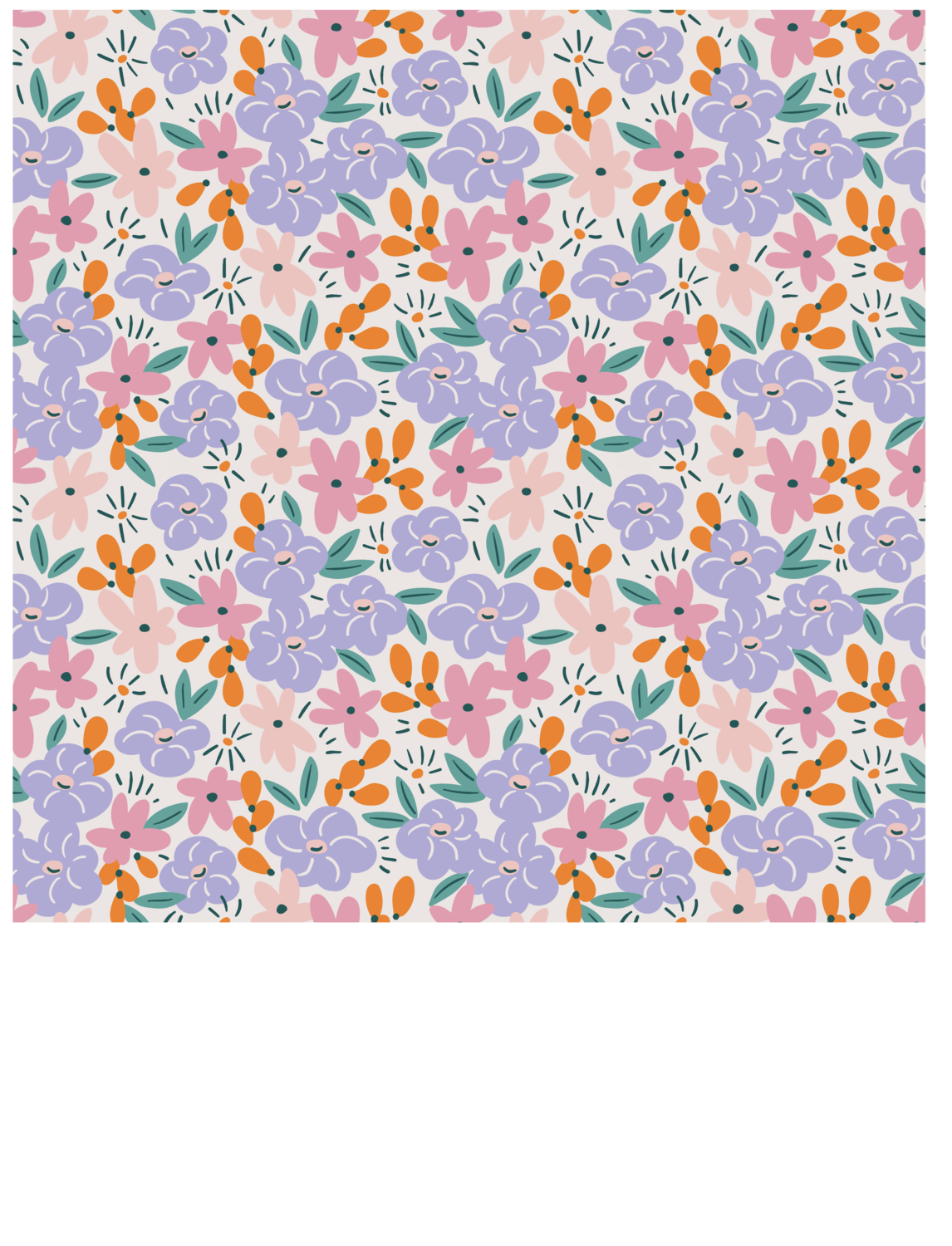 Seamless pattern of stylized flowers in purple, pink, and orange with green leaves on a light background.