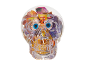 Clear skull filled with colorful candies and lollipops, featuring large eye decorations.
