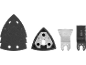 Multi-tool accessories: triangular sanding pads, sanding plate, and blades