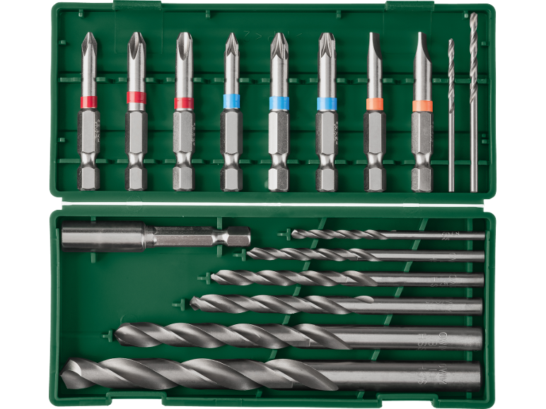 Drill bit and screwdriver bit set in a green case, with colored tips.