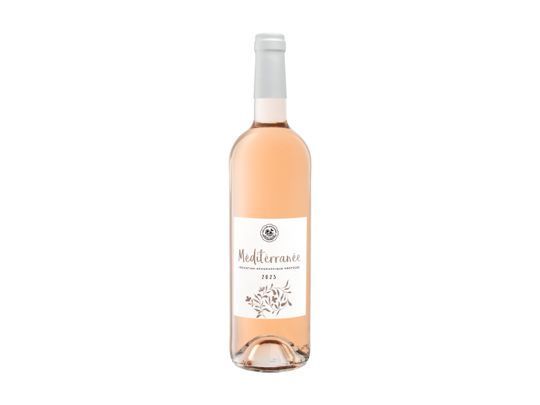 Bottle of Méditerranée 2023 rosé wine with a floral label.