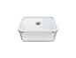 Rectangular vacuum food container with a transparent base and a white lid.
