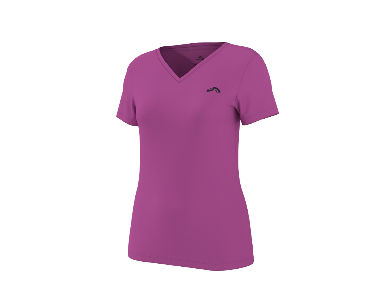 Fuchsia V-neck short-sleeved women's sports t-shirt.