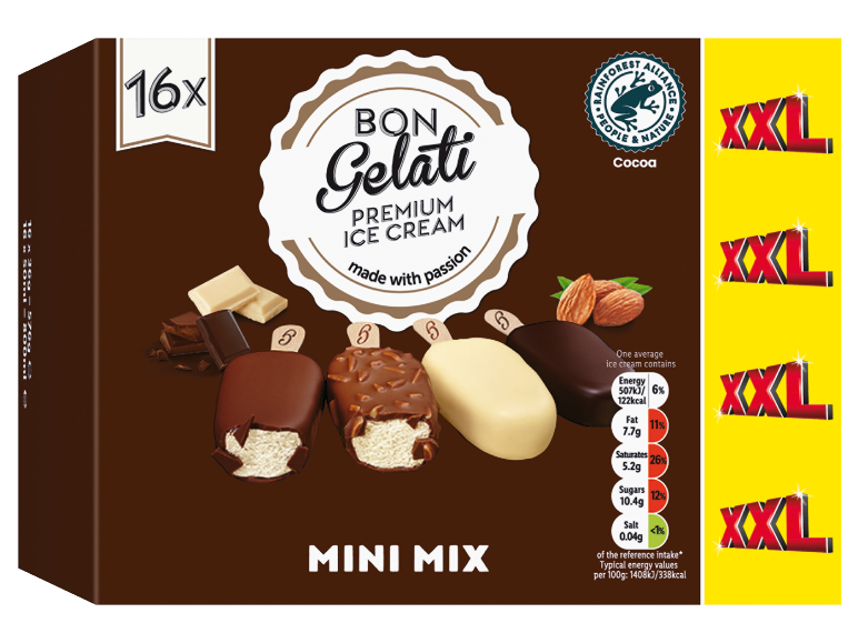 Box of 16 assorted mini ice creams with chocolate, almonds, and vanilla.