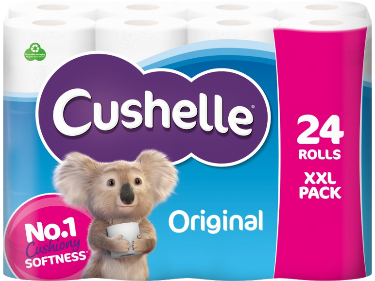 Pack of 24 rolls of Original toilet paper with a koala and text 'No.1 Cushiony Softness'.