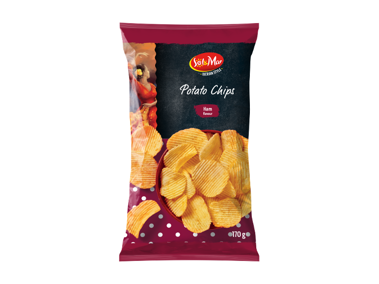 Bag of ham-flavored potato chips, Iberian style, 170 g.