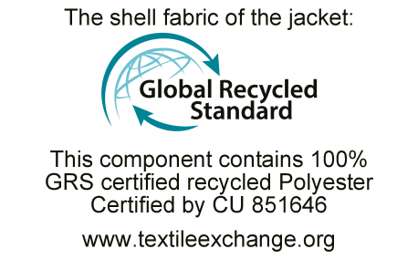 The shell fabric of the jacket: Global Recycled Standard. Contains 100% GRS certified recycled Polyester, certified by CU 851646. www.textileexchange.org
