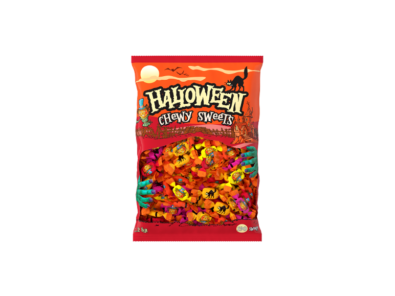 Halloween chewy sweets bag with pumpkin, black cat, and monster hands theme.