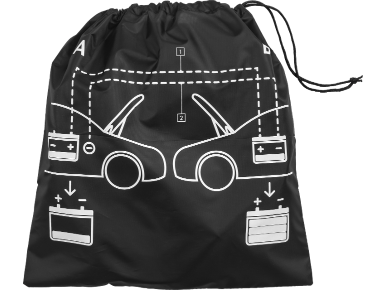 Black drawstring bag with white diagram showing how to jump-start a car.