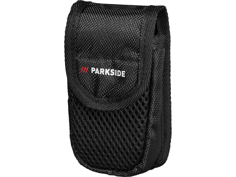 Black textile pouch with a mesh pocket and white lettering on the flap.