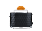 Black toaster with a bun on a warming rack.