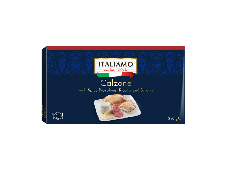 Calzone with spicy provolone, ricotta, and salami in a dark blue package.
