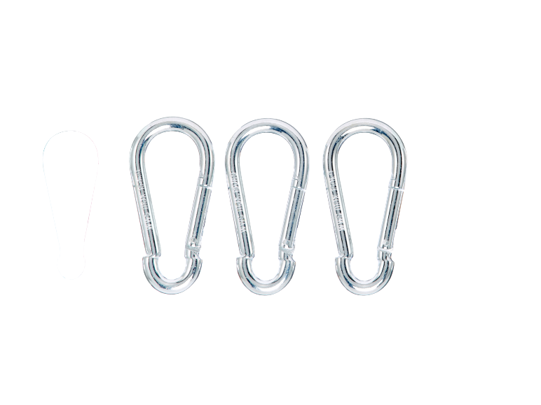 Three metal carabiners and one white plastic item on a black background.