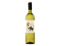 White wine bottle with an illustrated label featuring an elephant, two people, and grape clusters.
