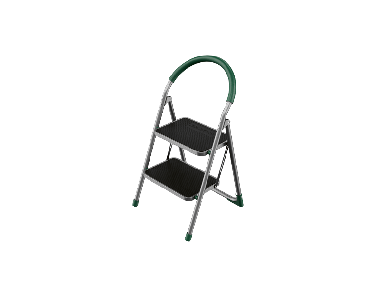 Two-step ladder with a green handle and black steps.