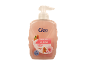 Pink liquid soap with pump, almond scented, hydrates the skin, without microplastics.