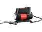 Black car compressor with a red band and white logo, featuring a cable and cigarette lighter plug.