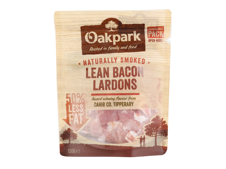 Naturally smoked lean bacon lardons, 50% less fat, 130g.