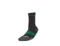 Dark grey sports sock with green stripes and text on the toe