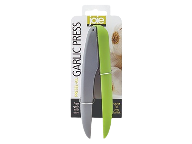 Green and grey garlic press in packaging with the text 'GARLIC PRESS'.