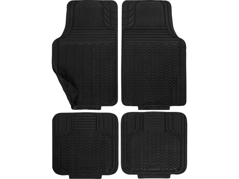 Four black rubber car floor mats with textured patterns.
