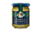 Jar of pistachio spread with a blue lid and a label reading 'Crema al pistacchio'.